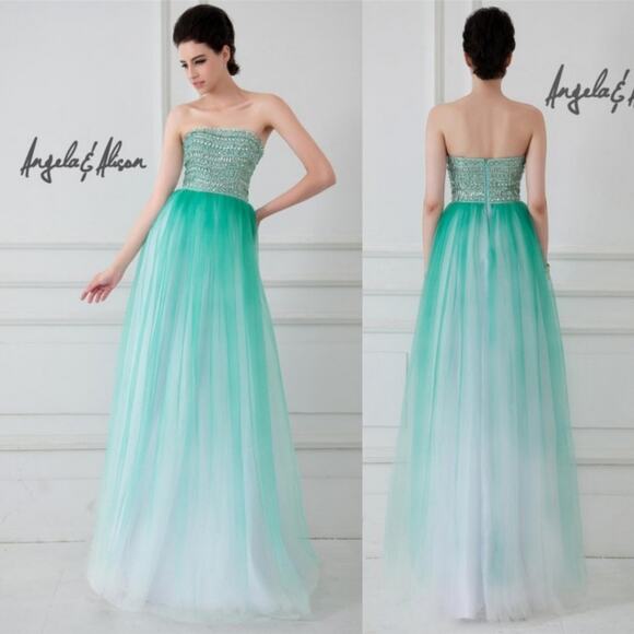 NWT Angela & Alison Mint Green Ombre Strapless Gown, Style # 41059, Sz 16 - Picture 1 of 10